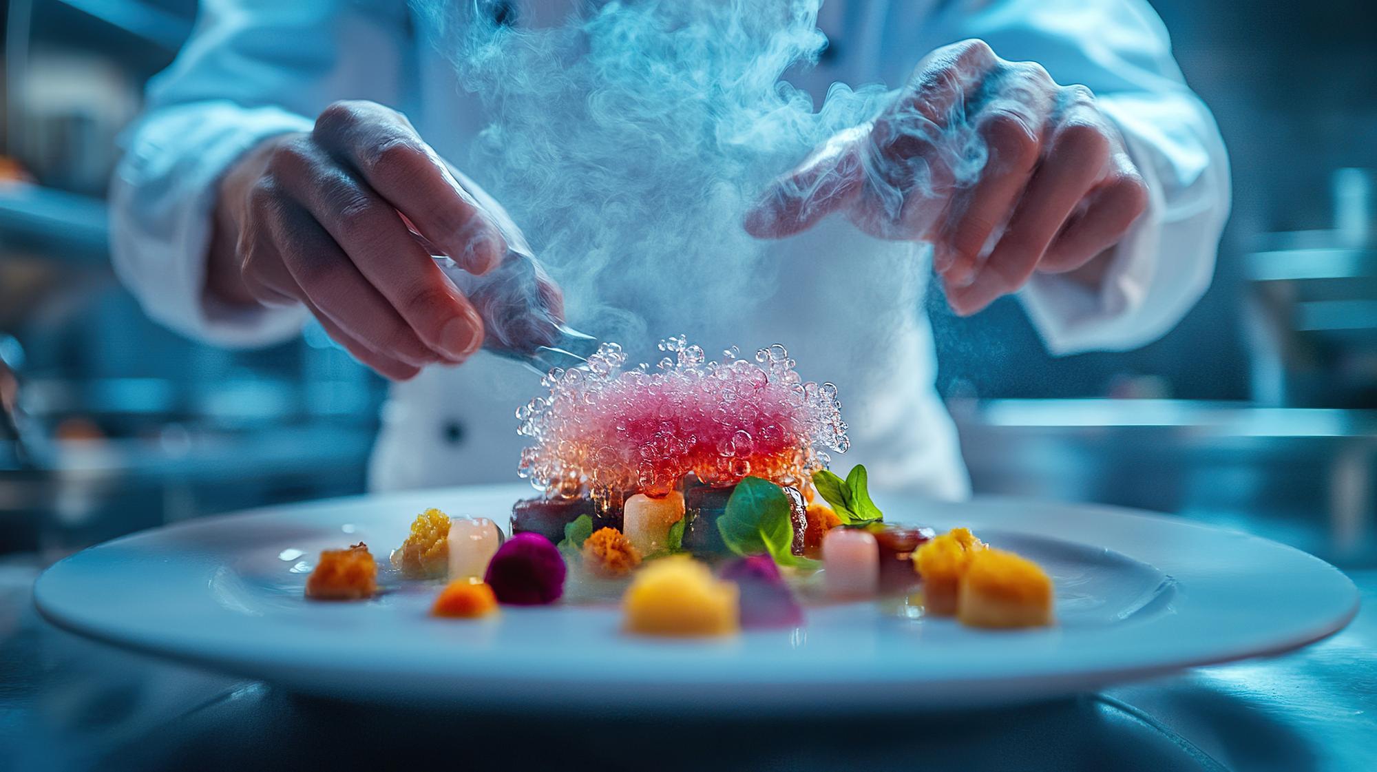 Chef plating a modern dish with tech tools
